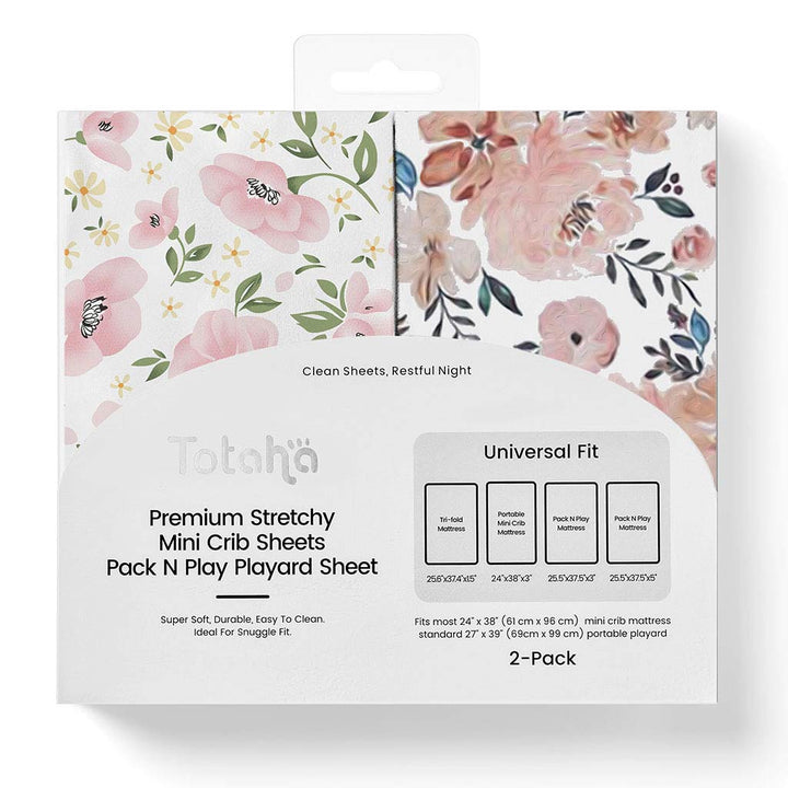 TotAha Pack N Play Playard Sheets - Meredith Allover Floral & Pale Pink Flowers