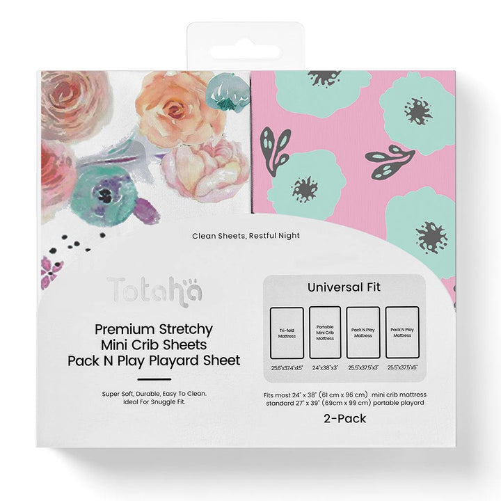 TotAha Pack N Play Playard Sheets - Meredith Allover Floral & Pale Pink Flowers